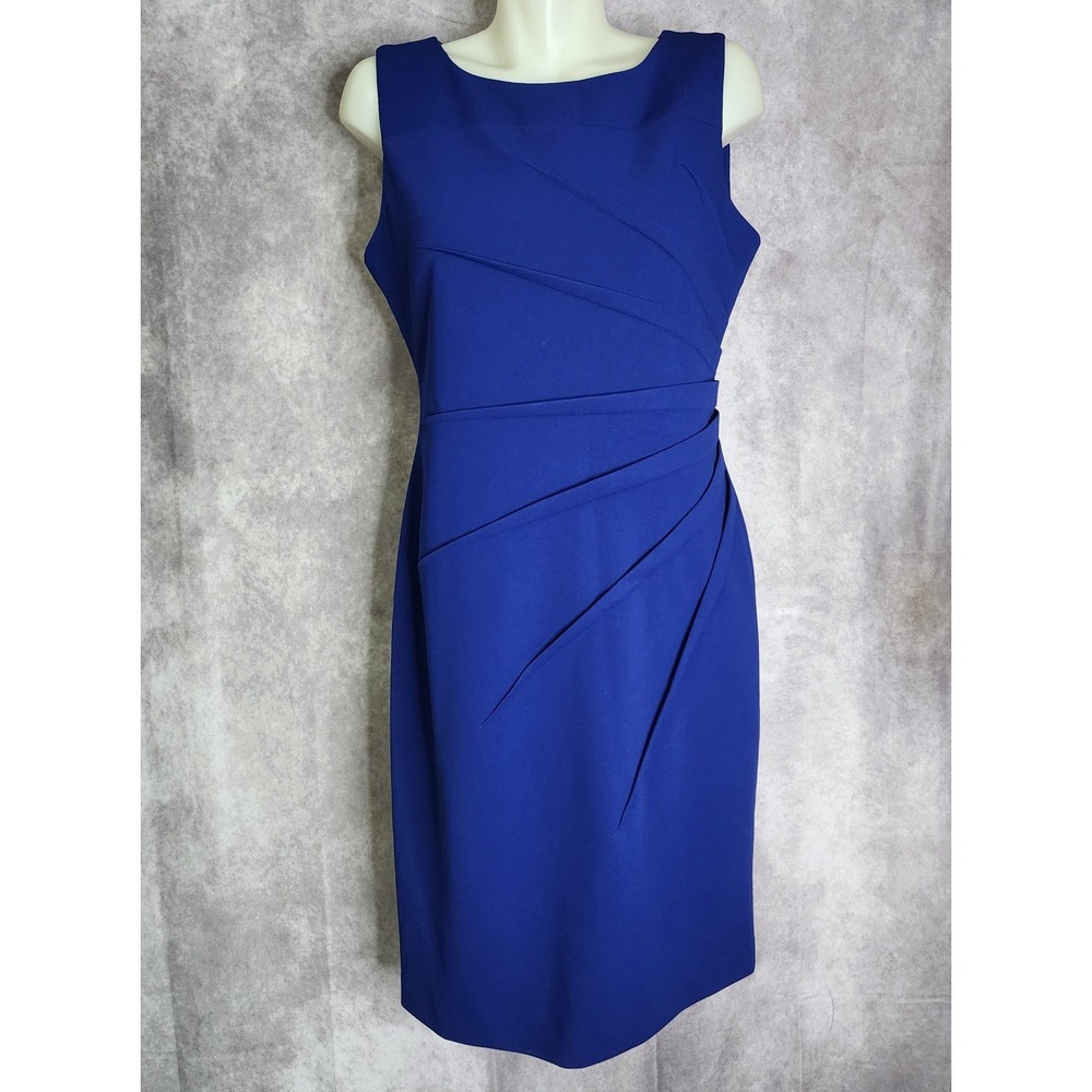 Calvin Klein Sheath Dress 12 Blue Pleated Sleeveless Business Cocktail Luxe